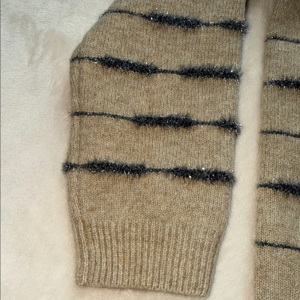 Studio B by Bobeau Tan Striped Sweater Eyelash Metallic Silver Trim Medium - Picture 7 of 8
